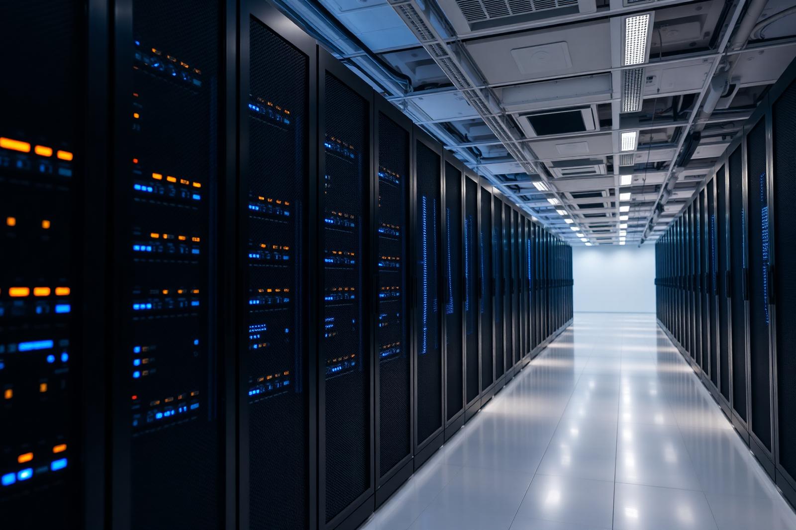 Modern data center server racks with subtle blue and amber LED glow