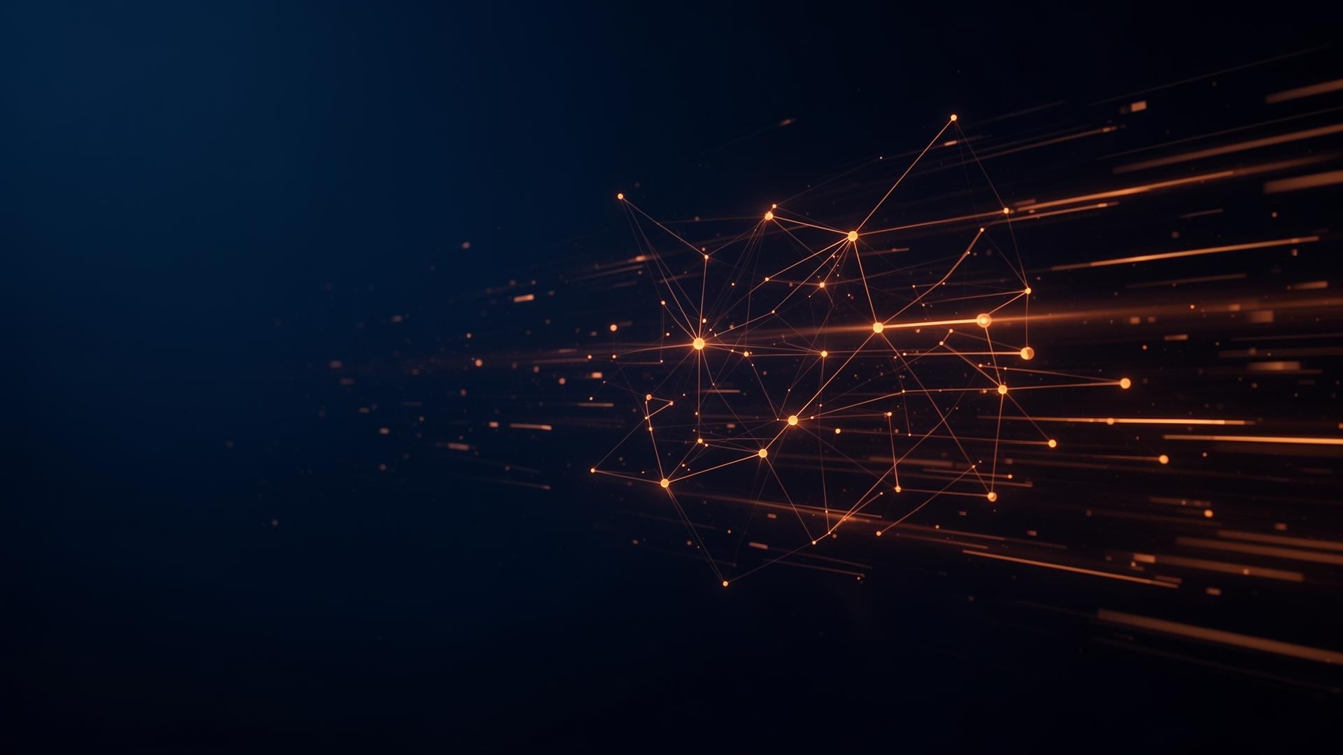 Abstract cloud infrastructure visualization with amber data nodes on deep navy