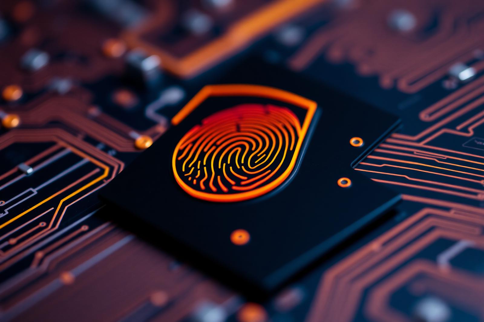 Fingerprint shield motif over a circuit board representing cybersecurity